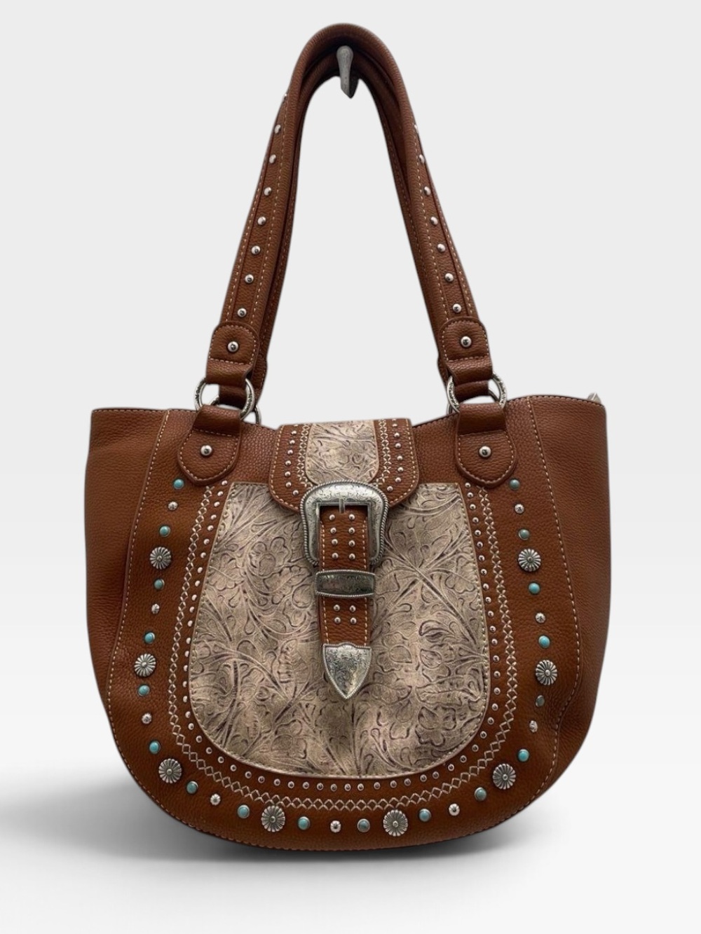 Montana West Western Shoulder Bag Brown Tooled Floral Buckle Turquoise Silver